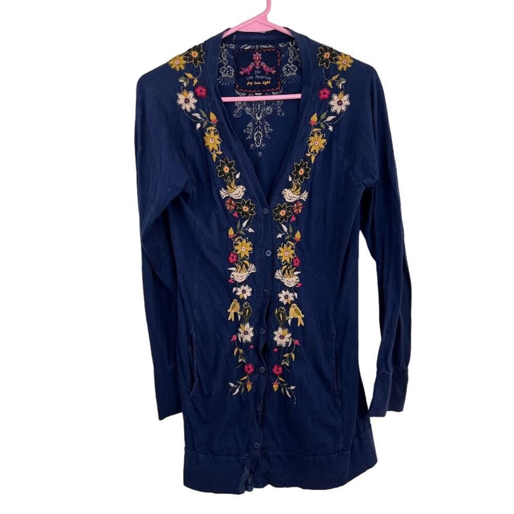 Johnny Was Blue embroidered button up long sleeve cardigan womens size medium